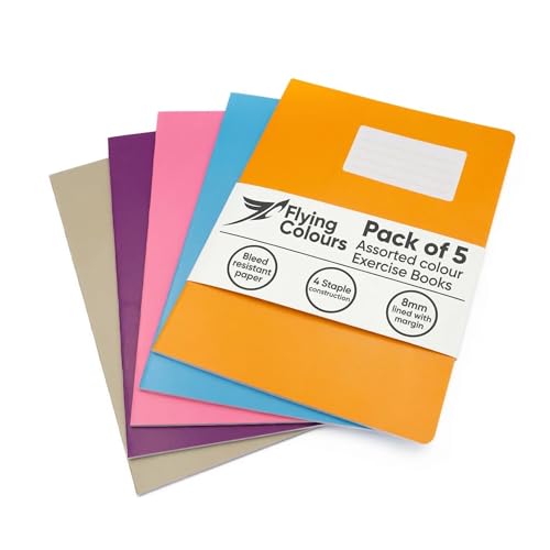Flying Colours A4 Exercise Books 8mm Lined Pages 5 Assorted Colour Exercise Books A4 Lined in Buff Purple Pink Blue & Orange Writing Book pack for Home or School Revision Notebooks & Journaling