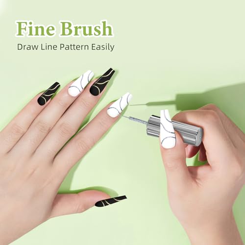 GOICC Gel Nail Art Polish Set with Thin Brush – 4 Colors White Gel Nail Polish Black Silver Glitter Liner for Nail Art Design French Tips Soak Off UV/LED 8ml