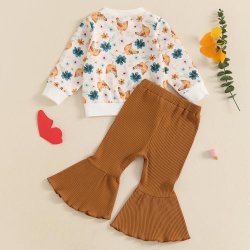 SAYOO Baby Girl Fall Winter Clothes Floral Bow Knit Crewneck Sweatshirts Top Flare Pants Set Toddler Bell-Bottoms Outfits3