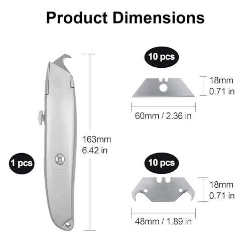 Teppichmesser Profi Hakenmesser-Set mit Trapezklinge, Heavy-Duty Sharp Utility Knife, Cuttermesser Profi für Teppich, PVC, Dachdecker & Zimmerer, inkl. 10 Trapez- & 10 Hakenklingen
