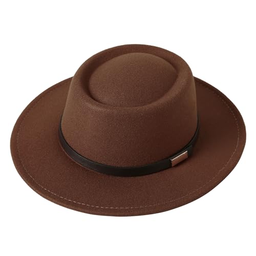 Lanzom Women Vintage Wide Brim Warm Wool Fedora Hat Belt Panama Hat Felt Jazz Hat (A-Coffee, Medium)