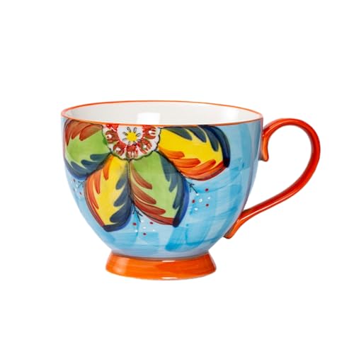 CAPIJIONG 480ml/16oz japonés pintado a mano vintage alivio desayuno taza de leche cerámica horno microondas se puede utilizar para creativo gran capacidad personalizada taza de avena fondo azul flor