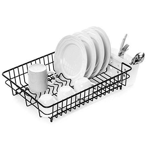 Home Treats Dish Drainer & Plate Rack | Rust Proof Large Black | Rinse Basket For Pots Bowls Plates Utensils | Dish Drainer Rack With Cutlery Basket Included