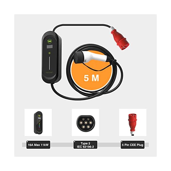 Keruida EV Ladegerät Ladekabel Typ 2 11kw 16A 5 Meter, Tragbares EVSE Mobile Wallbox für Elektroautos Hybrid E-Auto Elektrofahrzeug Ladekabel Elektroauto 3 Phasig 380V, Schaltbarer Strom – Bild 8