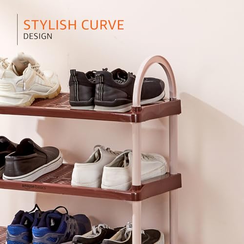 Image of Amazon Basics Multipurpose Plastic Shoe Rack | Durable, Space-Saving & Easy to Assemble Organizer | Brown (Large, 65.7 cm x 27.5 cm x 83 cm)