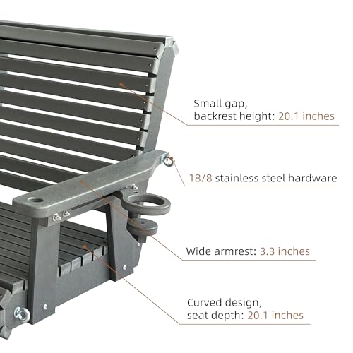 HDPE Porch Swing with 18/8 Stainless Steel Bolts, Ergonomic Design, Ultra Weather-Resistant, Heavy Duty 1200 LBS, for Outdoor Patio Garden Yard (Gray)