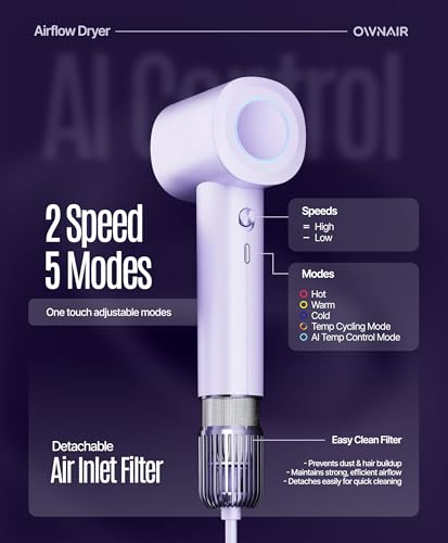 Image of OWNAIR Hair Dryer for Women - AI High Speed Professional Ionic Blow Dryer with Smart Temperature Control, Fast-Drying Airflow, Lightweight Low-Noise Salon Hair Dryer for Frizz-Free Styling (Purple) (Blue)