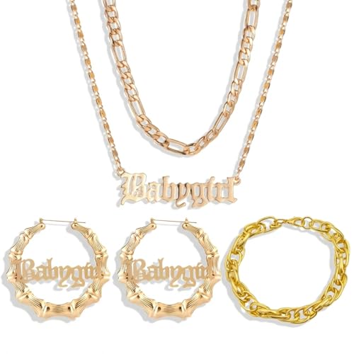 ULODJFN 90s Jewelry for Women, 3PCS 2000s Jewelry Set, Gold Bamboo Hoop Earrings, Chunky Link Chain Bracelet, Hip Hop Pendant Necklace Costume Accessories