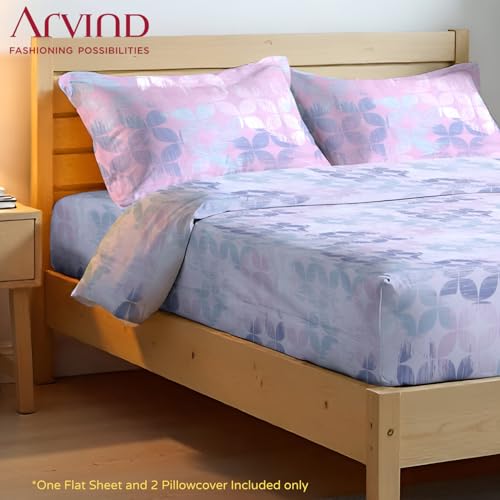 Image of Arvind Bedsheet Set - 100% Cotton Bedsheet for Double Bed (1 Queen Size Bedsheet with 2 Pillow Covers) Soft Breathable, 144 Thread Count - Slumber -Shade 3 (21024-A)