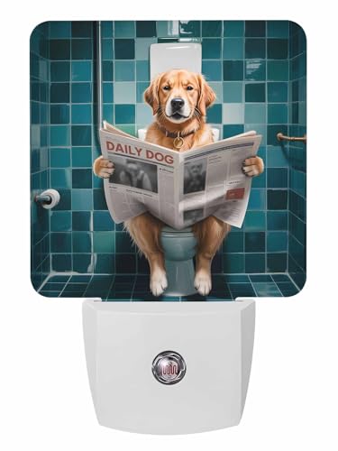 Image of Night Light Plug in LED Lamp Automatic Sensor Night Lights Plug into Wall Funny Dog Golden Retriever Sitting on The Toilet Reading Newspaper Bathroom Bedroom Hallway Bright Decor Dim Night-Lights