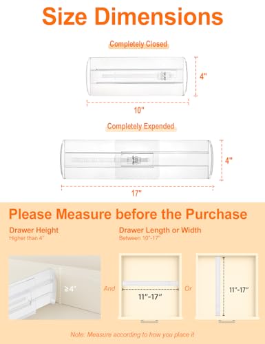 4 Pack Drawer Dividers for Clothes, 4" High 10.6"-16.9" Drawer Divider Adjustable Expandable Dresser Drawer Organizer, Clear Dresser Separators for Clothes, Underwear, Baby Clothes,Cosmetic,Toiletries