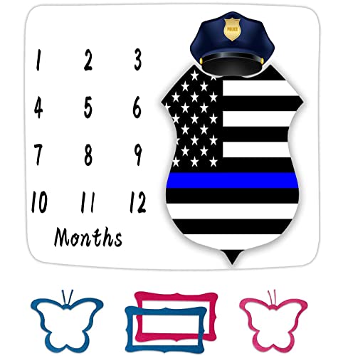 Image of American Flag Milestone Blanket Police Cap Blue Line Flag | Warm Swaddling, Room Decoration, Warm Swaddling Blanket, 48x40in, BTZZFH86