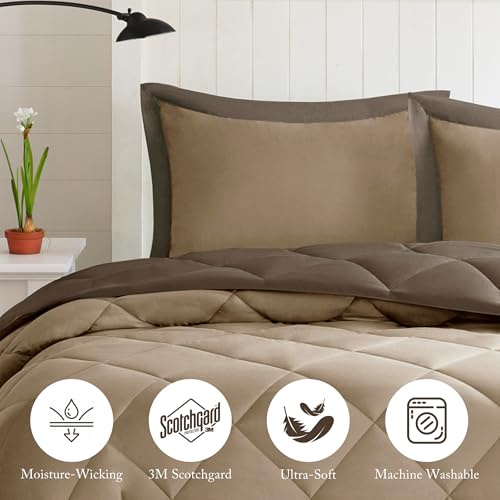 Image of Madison Park Essentials Larksppur Reversible Down Alternative 3M Scotchard Comforter Mini Set, Full / Queen, Brown / Sand