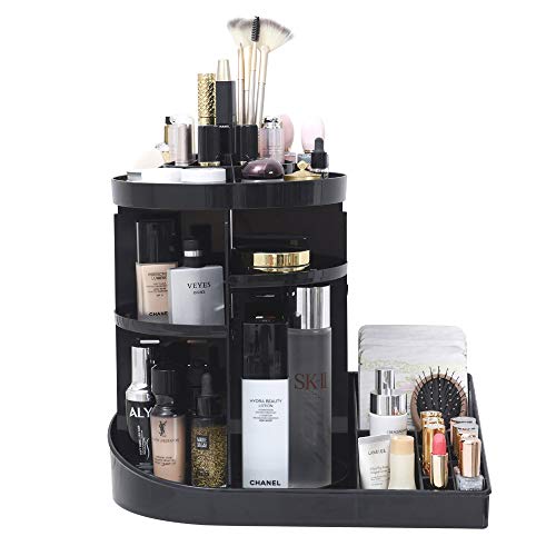 Plastic 360° Rotating Makeup Organizer Adjustable Carousel Spinning Holder Storage Rack Large Capacity Make Up Caddy Shelf Cosmetics Organizer Box for Countertop -Black (Color : Black)