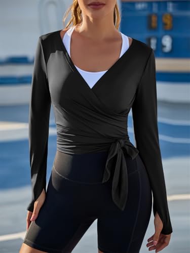 Fisoew Womens Tie Front Shrug Wrap Long Sleeve Crop Tops Casual Lightweight Ballet Pilates Yoga Active Shirts2