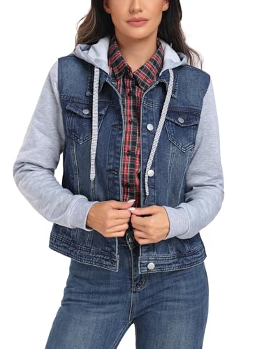 J.Corrine Women's Classic Casual Hooded Denim Jacket Drawstring Vintage Washed Jean Jacket Sweatshirt with Pockets