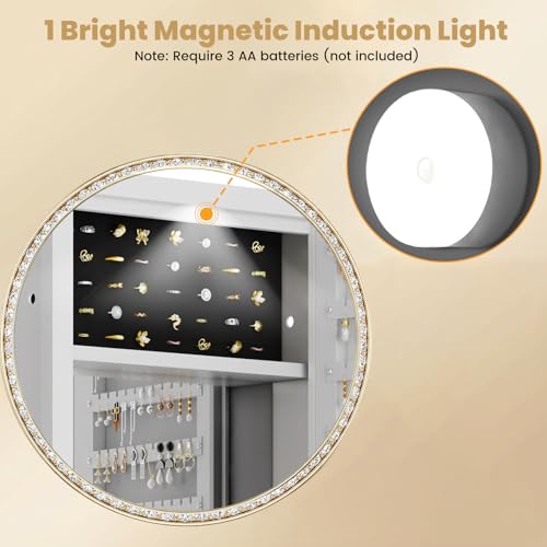 Image of Mirror Jewelry Cabinet, 47.24 inch Tall Lockable Wall Mounted Jewelry Armoire Organizer with Mirror and Magnetic Light, Christmas Gift, Jewelry Storage with Adjustable Shelves