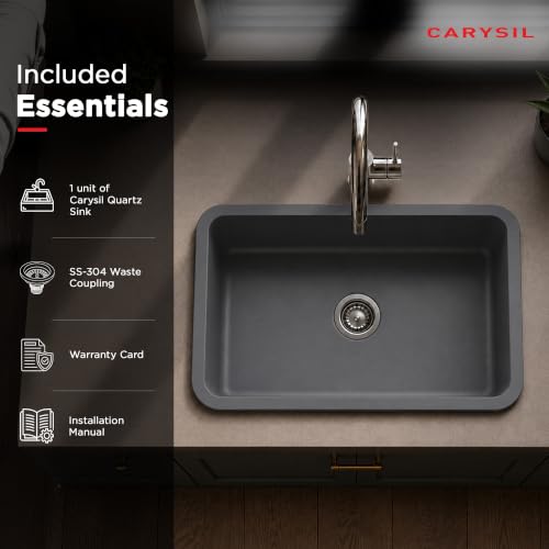 Image of Carysil Q 320 GRANDE Quartz Kitchen Sink 24 x 18 x 8 inches, Single Bowl, 80% Quartz & 20% Resin, Heat Resistant 300C, 50kg Load, Scratch & Stain Resistant, Granite Sink, 304 SS Coupling - Arena