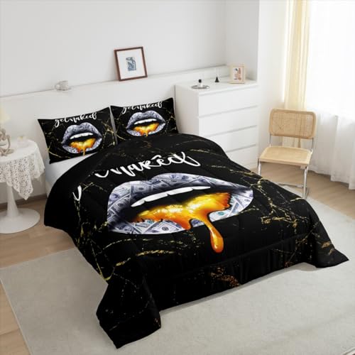 Image of Feelyou Get Naked Lips Bedding Set Full, US Dollars Black Gold Comforter Set Sexy Lips Comforter for Kids Black Golden Marble Duvet Set with 2 Pillow Case