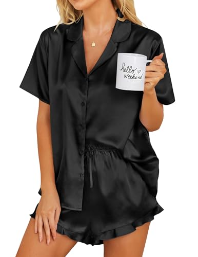 Image of Ekouaer Womens Satin Pajamas Set Button Down 2 Piece Silk Pjs Shorts Set Ruffle Lingerie Notch Collar Sleepwear