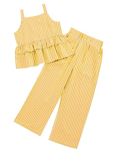 Image of Girl's 2 Piece Striped Outfits Cami Top Wide Leg Pants Ruffle Hem Summer Clothes with 2 Pockets 3-14Y