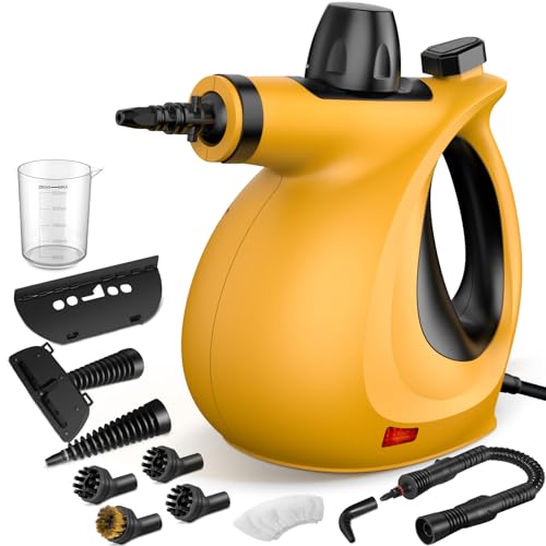 Pressurized Handheld Multi-Surface Natural Steam Cleaner with 12 pcs Accessories, Multi-Purpose Steamer for Home Use, Steamer for Cleaning Floor, Upholstery, Grout and Car (Orange)