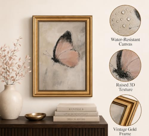 Image of Gold Framed 3D Textured Wall Art, Vintage Pink Butterfly Canvas Prints, Moody Cottagecore Moth Pictures Decor, Boho Rustic Farmhouse Insect Artwork for Living Room Bedroom Bathroom 9x11inch