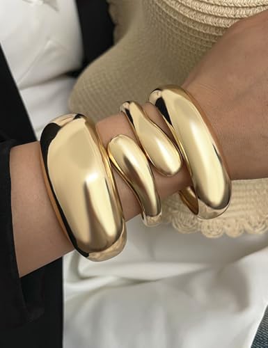 Image of Chunky Gold Bangle Bracelets for Women, Dainty 14k Gold Plated Big Stackable Bangles Set, Trendy Statement Cuff Bracelet Stack Fashion Jewelry Gifts