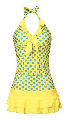 MiYang Women's Halter Polka Dot Tankini Swim Dress(Yellow S)