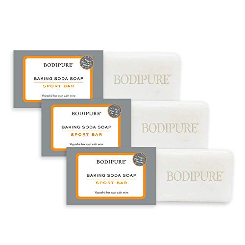 Bodipure Baking Soda Natural Vegetable Sport Bar Soap 3 Pack - Refreshing & Cooling Mint - Deodorizing Cleanser for Face and Body - 4 oz. ea