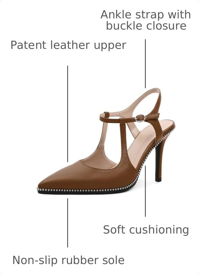 Image of SAMMITOP Womens High Heels Ankle Strap Pointed Toe Stilettos Patent Leather Beaded Pumps Dress Shoes 3.5 Inch