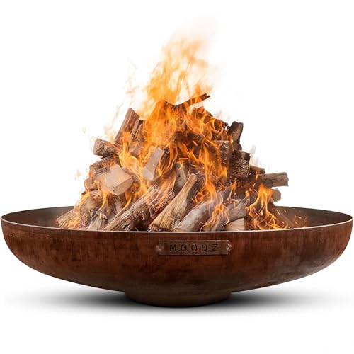 Moodz Feuerschale 100 cm - Feuerschalen für den Garten - Feuerstelle Outdoor & Feuertonne - Feuerschale mit Opt. Grillrost aus 3 MM hochwertigem Cortenstahl - Feuerkorb für den Garten - 100x100x21cm
