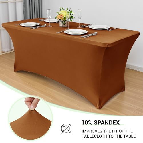 Image of Obstal 6ft Stretch Spandex Table Cover for Standard Folding Tables - Universal Rectangular Fitted Tablecloth Protector for Wedding, Banquet and Party, 72L x 30W x 30H Inches, Light Coffee, 2pc