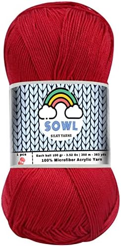 Sowl Acrylic Yarns | Silky Touch | Red | 100% Microfiber Acrylic Yarn 1 Ball Skeins 3.5 oz 100 g 380 yrds | Fingering Weight Yarn for Knitting