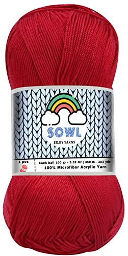 Sowl Acrylic Yarns | Silky Touch | Red | 100% Microfiber Acrylic Yarn 1 Ball Skeins 3.5 Oz 100 G 380 Yrds | Fingering Weight Yarn For Knitting #TOP1