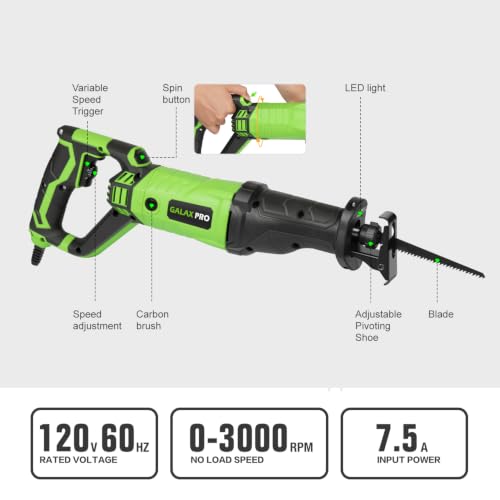 Image of GALAX PRO 900W Reciprocating Saw Variable Speed,Adjustable angle,LED | 0-3000SPM Electric saw with 22mm Stroke & 200mm max Wood Cut Depth, Tool-Free Blade Swap,5 Assorted Blades,for metal /wood /PVC