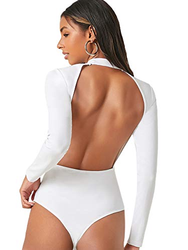Romwe Women s Sexy Backless Long Sleeve Mock Neck T Shirts Bodysuit White M