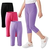 FILOWA Capri Leggings für Mädchen Baumwolle 3er-Pack Caprihosen Einfarbig 3/4 Legging Kinder Stretch Hosen mit Elastischem Bund Radfahren Sporthose Freizeit Stretchhosen Outdoor Sommer Gr.134-140,Rosa