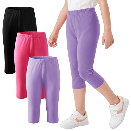 FILOWA Girls for Leggings 3 Pack Cotton Capri Tights Pants Kids Solid Cropped Legging with Elastic Waistband Breathable 3/4 Stretchy Trousers Cycling Gymnastics Casual for Teenager 10-12 Years, Purple