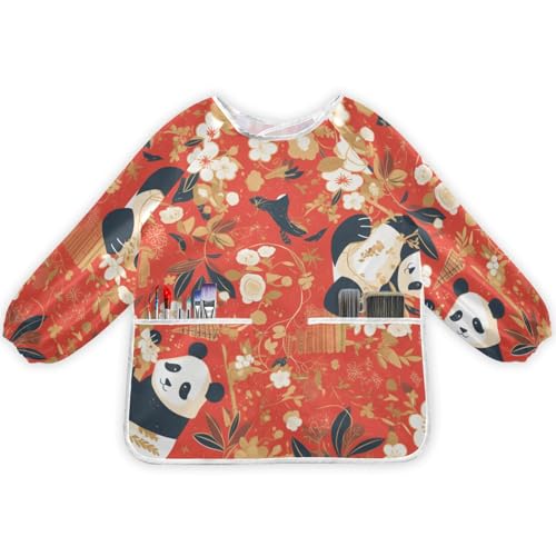 SyXIOP Bata de artista impermeable con manga larga con 2 bolsillos para niños de 2 a 4 años, bata de artista con manga larga para pintar, cocinar, manualidades, arcilla, animal, panda, rojo, dorado