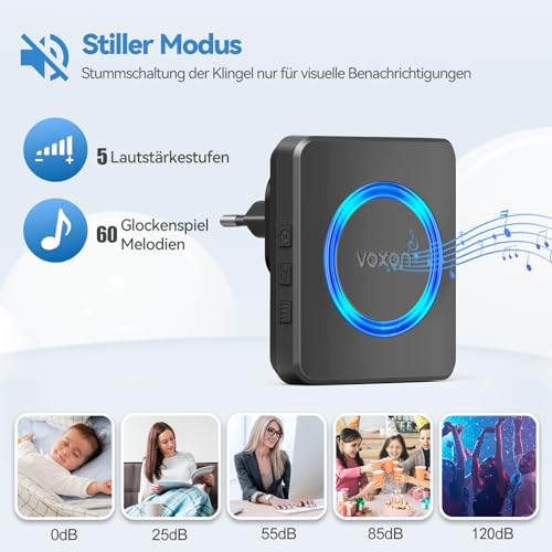 VOXON Funkklingel, 400m Reichweite Türklingel Funk Set, IP65 Aussen Wasserdicht Klingel Haustür mit 2 Empfängern, Plug-in Doorbell mit LED-Blitz, 5 Lautstärkestufen, 60 Melodien (Schwarz)