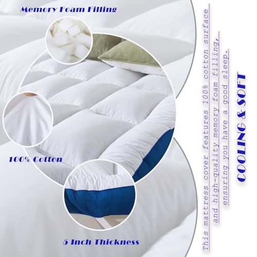 WhatsBedding 5 Inch Memory Foam Queen Mattress Topper 100% Cotton Top, Filled with Breathable & Soft Memory Foam Pillow Top,4 Elastic Straps