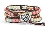 Celtic Knot Bracelet with Heart Button Leather Amazonite Rhodonite Beaded Wrap