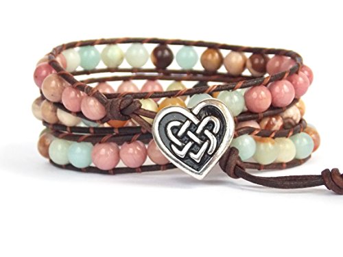 Celtic Knot Bracelet with Heart Button Leather Amazonite Rhodonite Beaded Wrap