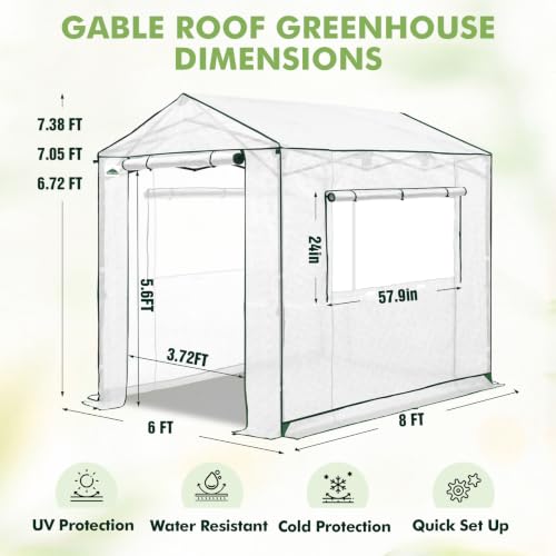 Image of EAGLE PEAK 8x6 Pop Up Walk in Greenhouse, Easy Setup, Gable Roof, White