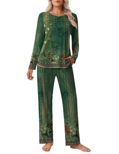 Ekouaer Womens Pajama Sets Pleated Tops with Long Pants Lounge Set Long Sleeve Fall Sleepwear Ladies Pjs S-XXL