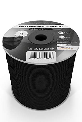 BEMS MEISTERWERK Elastieken band rubberen koord zwarte rubberen banden maskerband rubberen band voor mondbescherming zwart masker rubber maskerbanden spoel 100 m x 4 mm