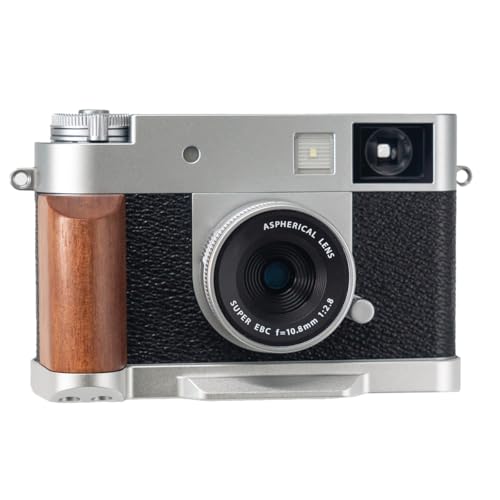 FUJIFILM X-half 専用 カメラウッドグリップ 高級檀木材 木製ハンドル メタルベース L型グリップ ハンドメイド カメラケージ 電池交換可能 (赤茶色+ホワイト)