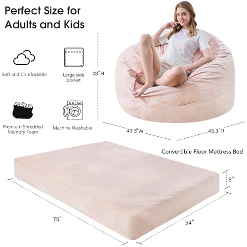 Bean Bag Chairs for Adults - Giant Bean Bag Chair Convertible Bean Bag Bed - Beanbag Chair with Micro Fiber Cover/Furniture Foam Filler - Floor Couch Sofa in Bedroom Dorm Room - Full Pink