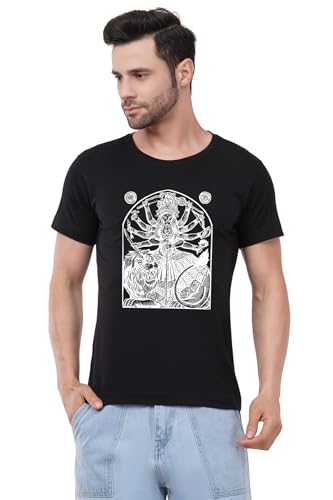 Image of Caseria Men's Cotton Printed T-Shirt -Mother Durga | 100% Cotton | Half Sleeves | Regular Fit | Printed | Round Neck | Graphic T Shirt
